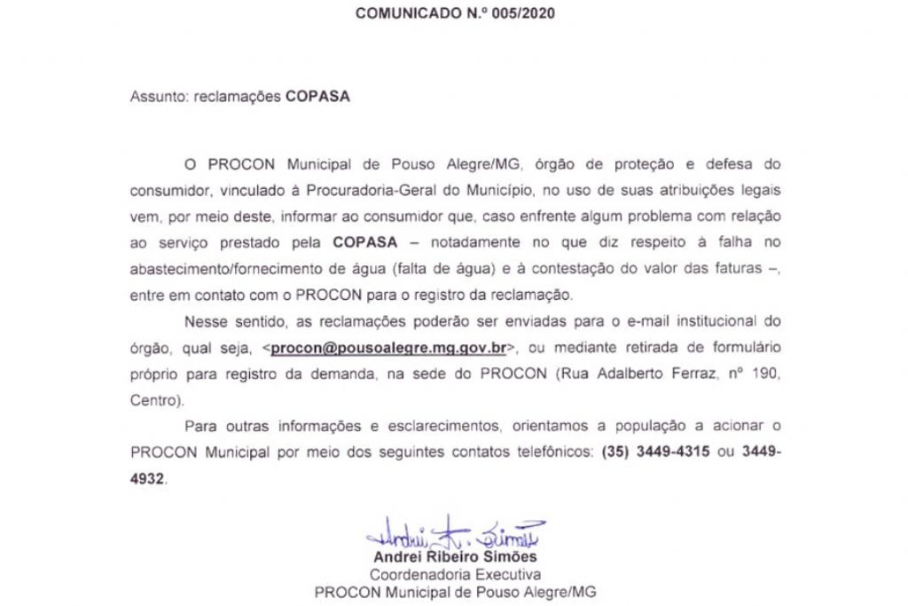 Comunicado 005_2020 Reclamações COPASA