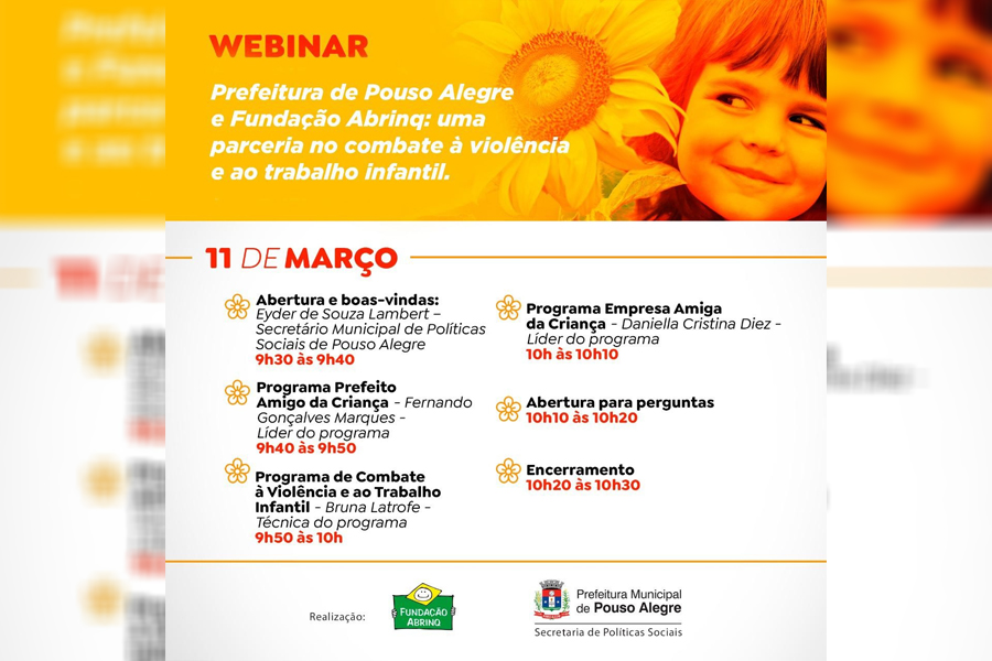 Prefeitura de Pouso Alegre e Fundação Abrinq promovem webinar sobre combate à violência e ao trabalh