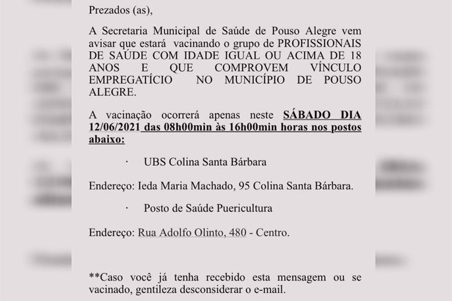 Prefeitura de Pouso Alegre esclarece mensagem sobre vacinação que tem circulado na internet