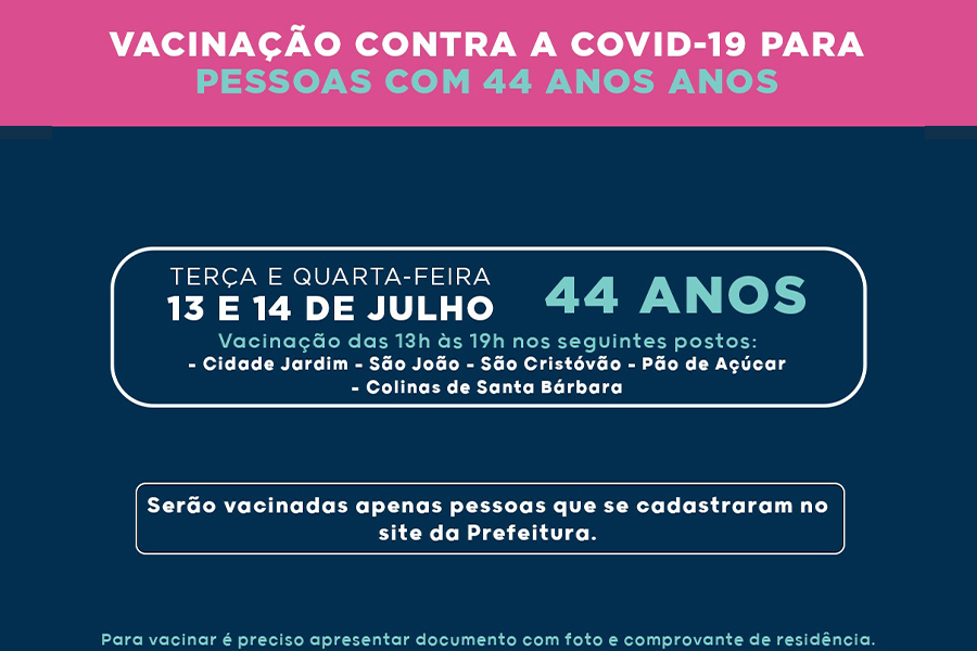 Pouso Alegre inicia vacinação contra a covid-19 de pessoas com 44 anos