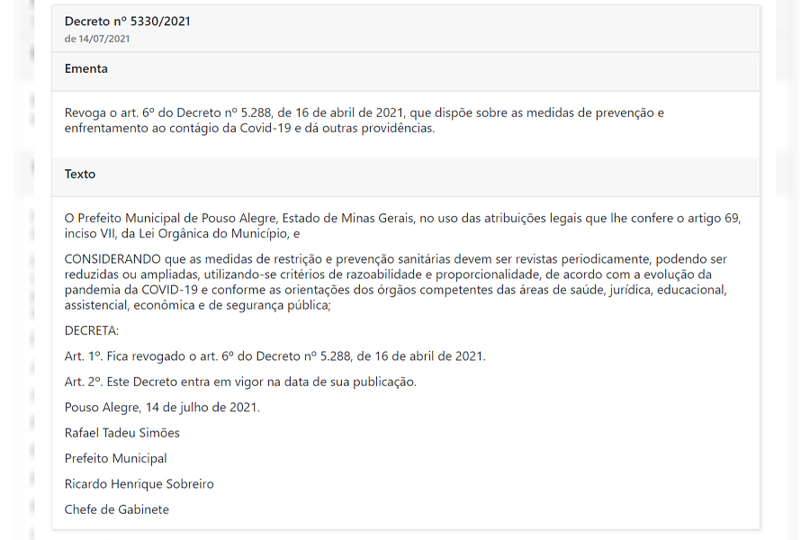 Novo decreto estabelece flexibilização em Pouso Alegre por conta da covid-19