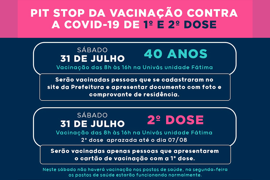 Pit Stop de vacinação contra a Covid-19 - 1º dose para pessoas com 40 anos e 2º dose com vencimento 