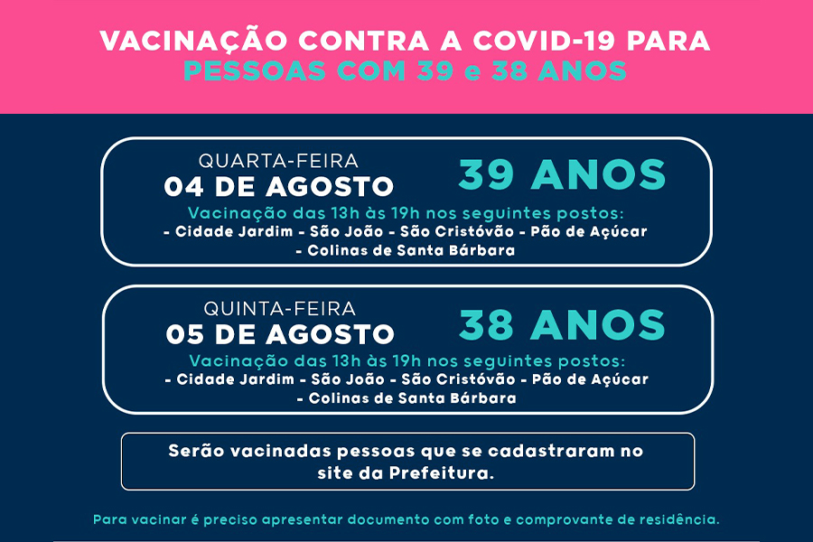 Vacinação contra a covid-19 é ampliada para pessoas com 39 e 38 anos em Pouso Alegre