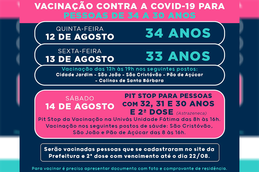 Vacinação contra a covid-19 é ampliada para pessoas de 34 a 30 anos em Pouso Alegre