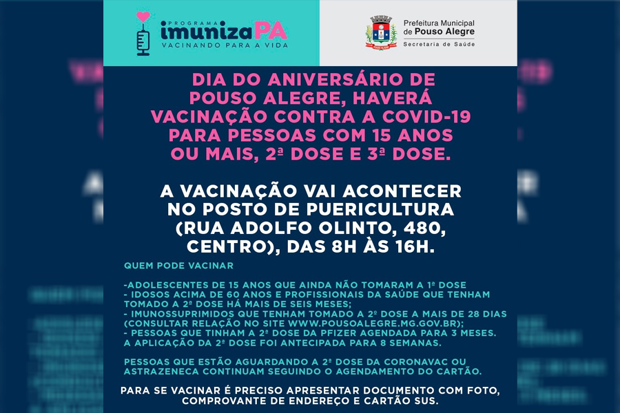 Feriado de Aniversário de Pouso Alegre terá vacinação contra a covid-19