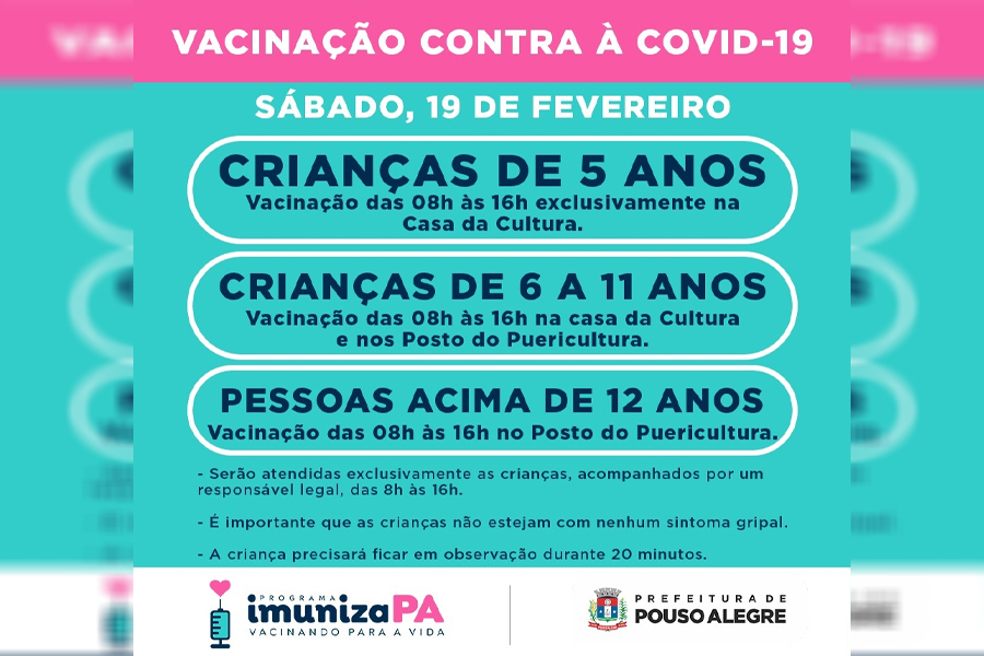 Vacinação contra a covid-19 para todos acima de 5 anos neste sábado