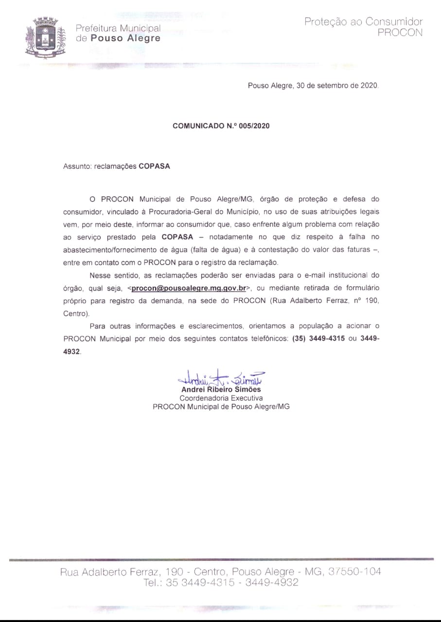 Aviso Copasa - Prefeitura Municipal de Borda da Mata