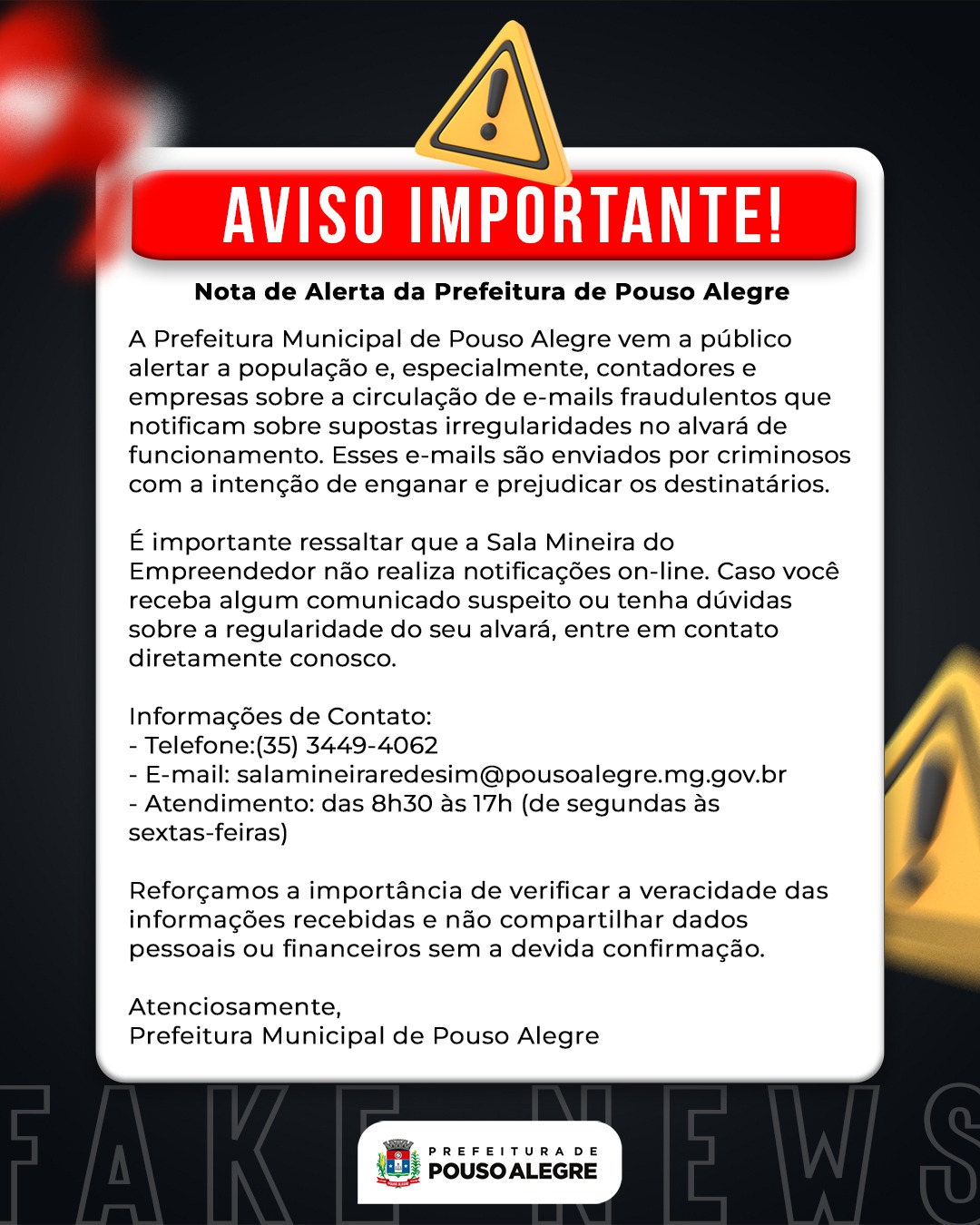 Imagem Noticia: Prefeitura alerta sobre a circulação de e-mails fraudulentos que notificam sobre supostas irregularidades no alvará de funcionamento